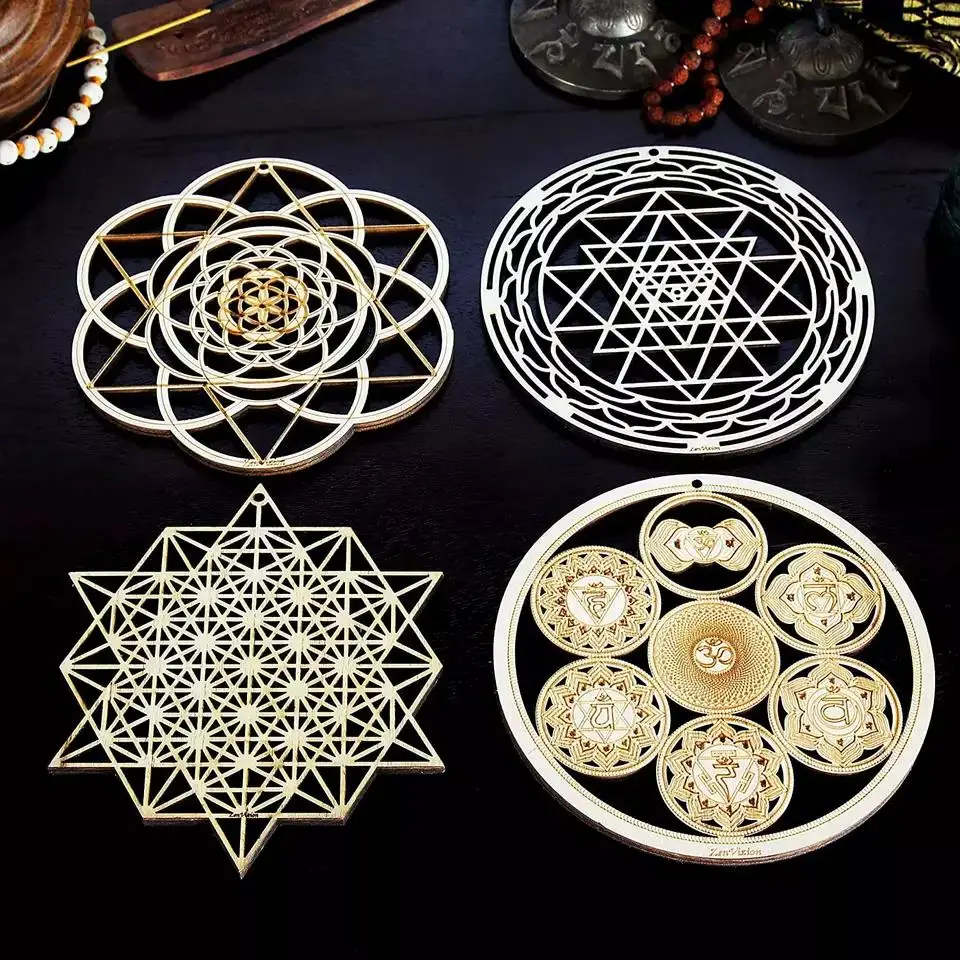 Wooden Art Sacred Geometry Wall Set Yoga Decor Sri Yantra Wall Decor Mandala Chakras Wheel of Life Seed of Life Crystal Grid