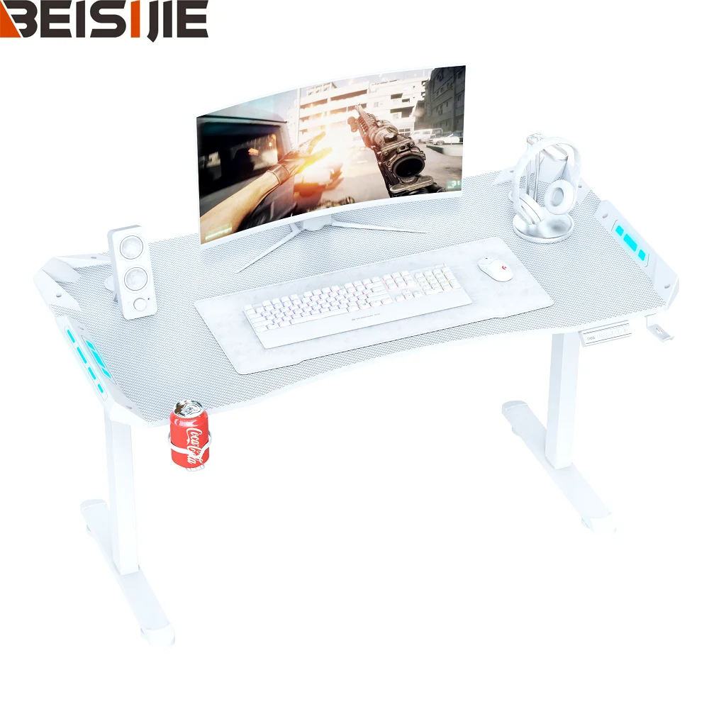 Beisijie White Durable PC Gamer Used RGB Height Adjustable Lift Desk Gaming Table Computer Desk Electric Desk