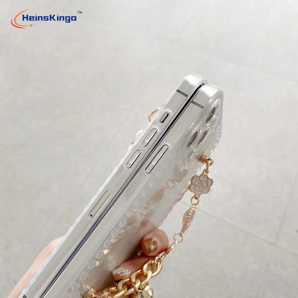 Transparent Pearl Love Chain Wristband Case for IPhone 13 12 Pro Max Mini XR X XS 7 8 Plus 9 Cute Phone Cover Luxury Coque Funda