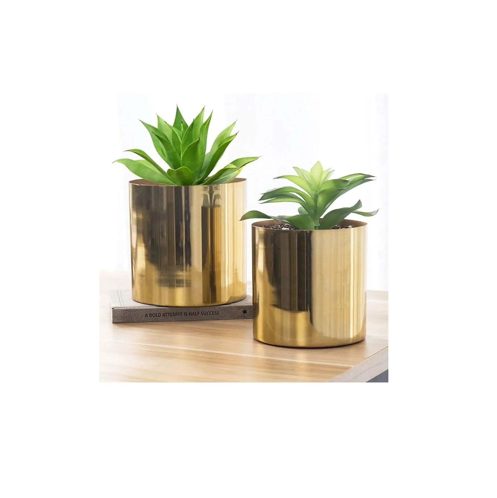 Handcrafted Shiny Brass Tone Metal Plant Pot Flower Vase Decorative Indoor Table Planter Container Set of 2 Handmade in India