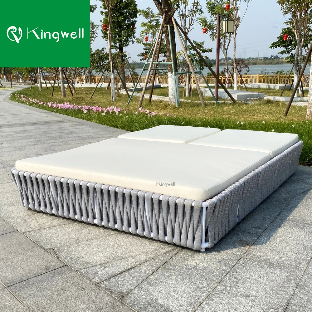 Modern design garden furniture aluminum deck chair hotel patio outdoor rope weaving double sun lounger with wholesale price