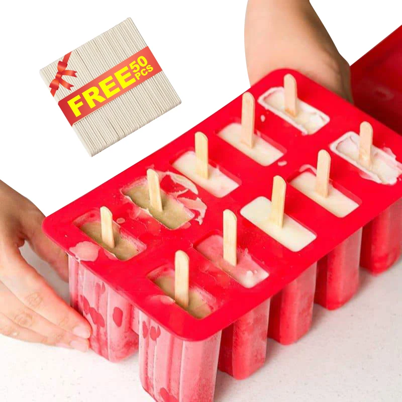 10 Cavity Soft Food Grade Silicone Homemade Ice Popsicle Mold DIY Freezer Ice Cream Mold with 50pcs Wooden Sticks