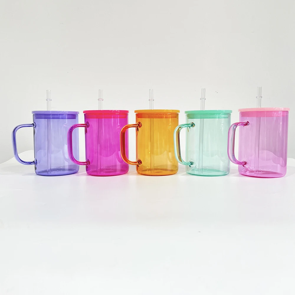 wholesale bulk 17oz Jelly Glass Camper Mug with colored pp lid Tea Milk Beer Crystal clear sublimation glass mug with pp lid