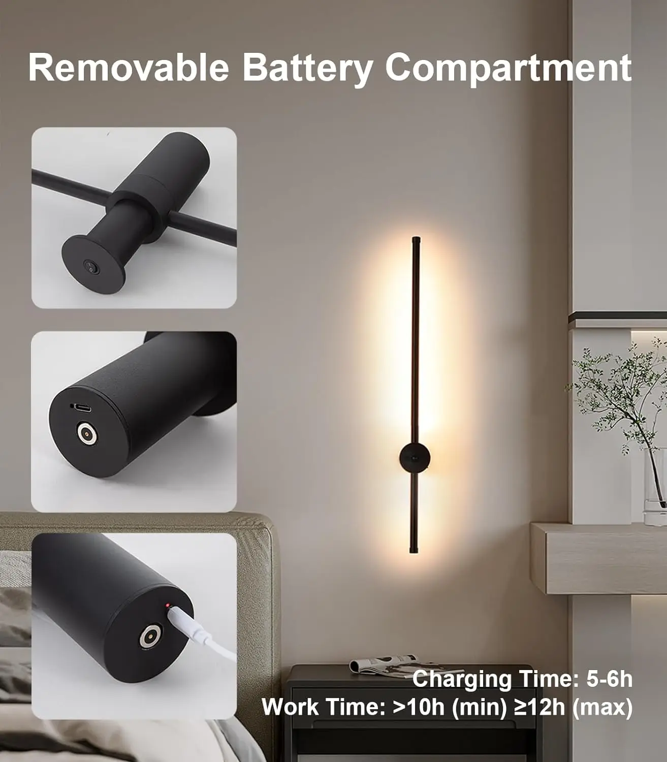 Wireless USB Living Room Bedroom Set of Two Rechargeable lighting sconces battery operated interior wall light