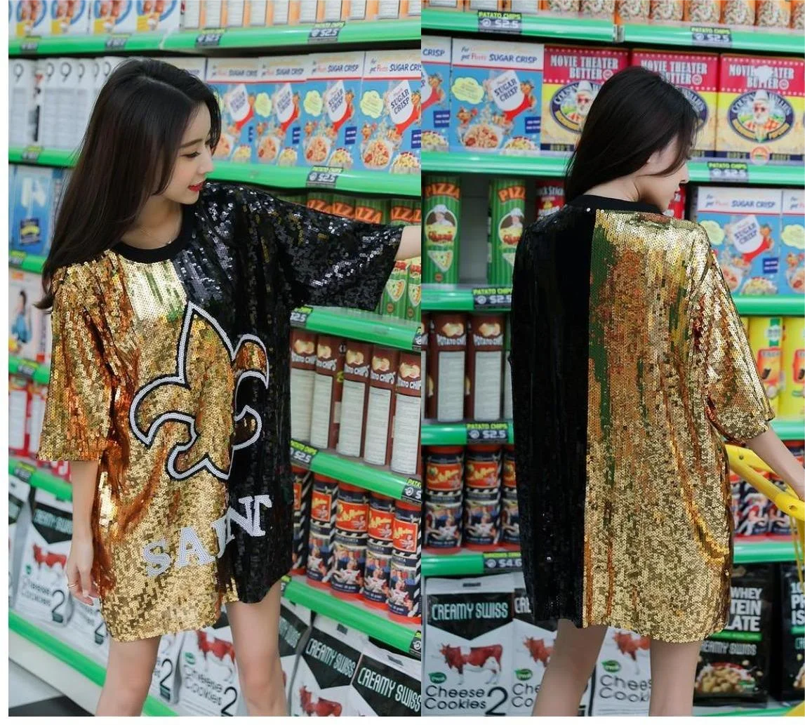 Z122060 2022 free size summer sequin t-shirt dress tshirt clothing Plus Size black and gold new orleans saint sequin dress women