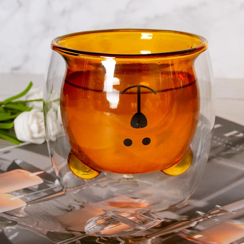 Glass Mugs Bear Cat Dog Animal Double-layer Glass Mug Coffee Cup Christmas  Mug gift