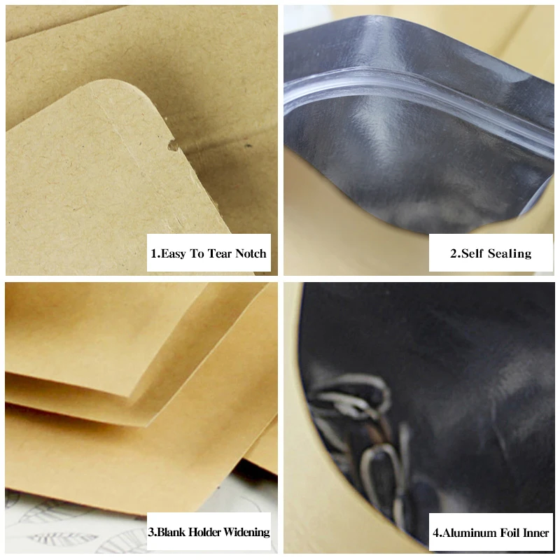Recycled Kraft Paper Dried Mushroom Zipper Zip Lock Packaging Pouch Packing Ammonium Foil Ziplock Bags for Seeds Package