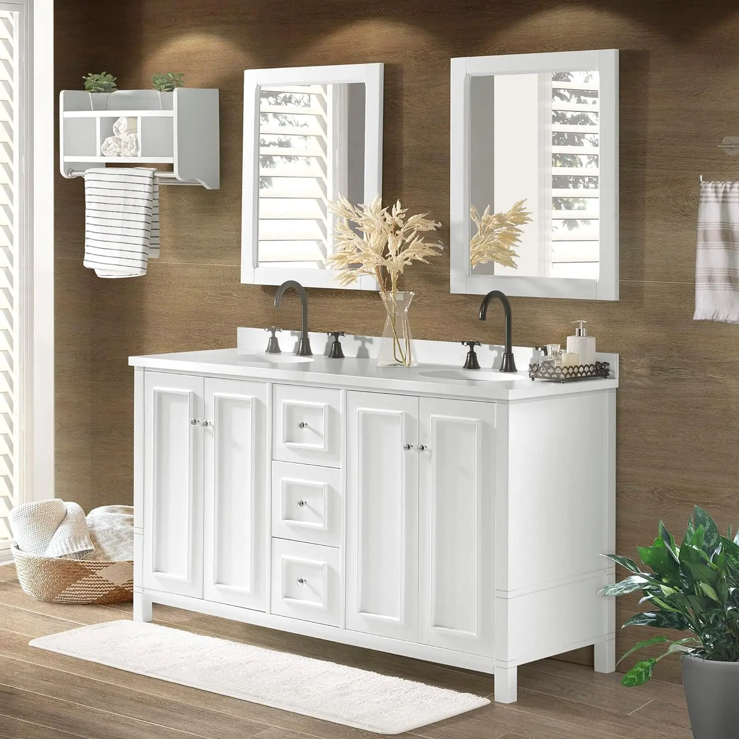 60 Inch MDF White Cabinet Solid Wood Bathroom Vanity Double Sink Free Standing Bathroom Furniture