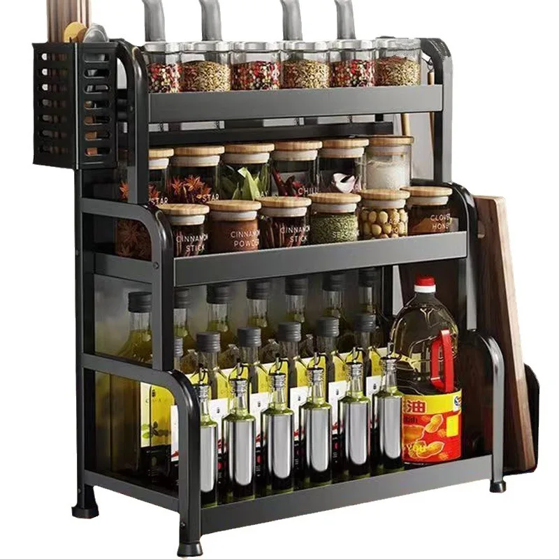 Multifunctional Three-Tier Standing Kitchen Rack Metal Shelf Spice Storage Seasoning Organizer Plastic Iron Bathroom Accessories