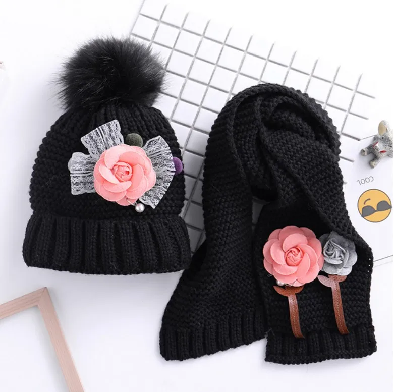 Baby Girls Knitted Hat Scarf Set Boys Kids Warm  Faux Fur Pom Crochet Skull Cap Beanie Hats