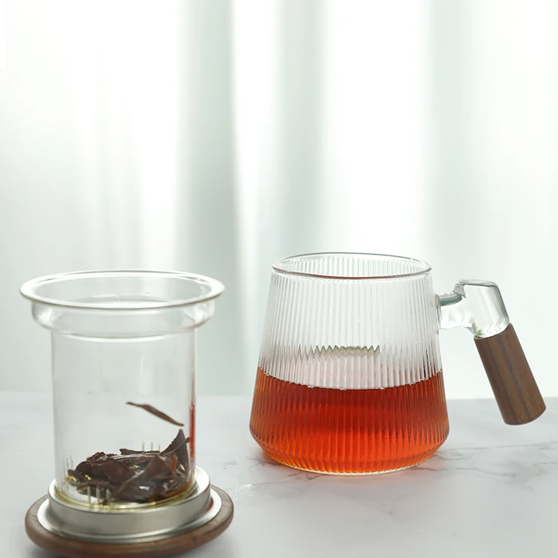 New Popular Quality Wooden Handle Glass Tea Mug With Infuser And Lid Glass Coffee Filter Teapot Strainers Cup for Office Home