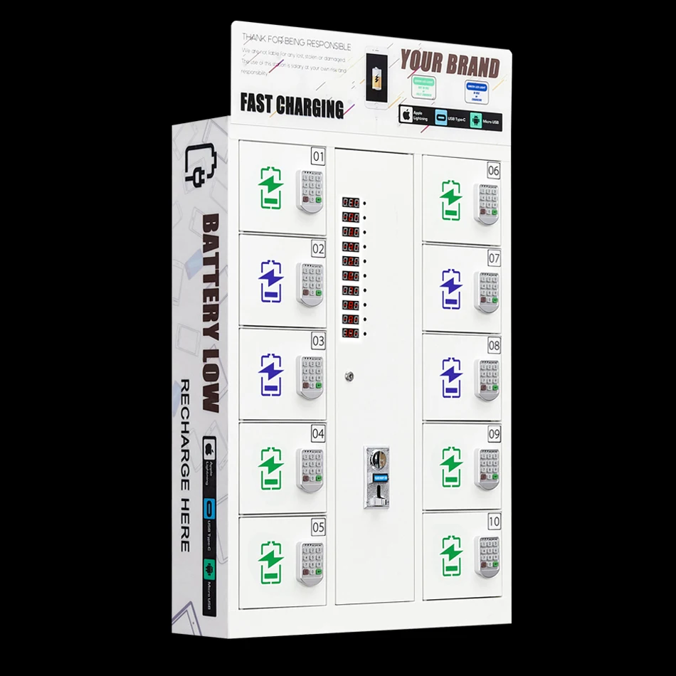 10 bay coin secured cell phone charging locker station kiosk by wall mounted