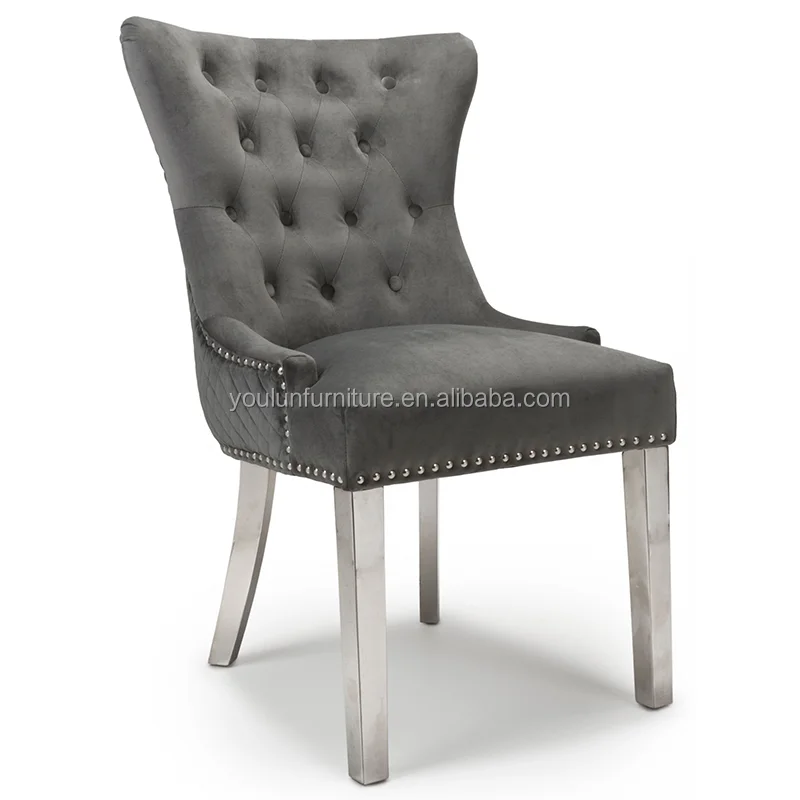 silver stainless steel legs leather grey velvet tufted pattern back dining chairs with lion knocker back