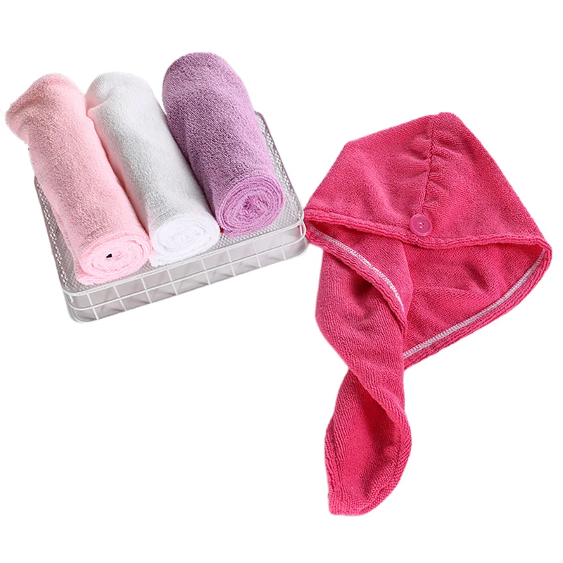 Wholesale Microfiber Hair Towel Wrap Hat Custom Velvet Cotton Hair Drying Towel Turban Bathing Cap With Button