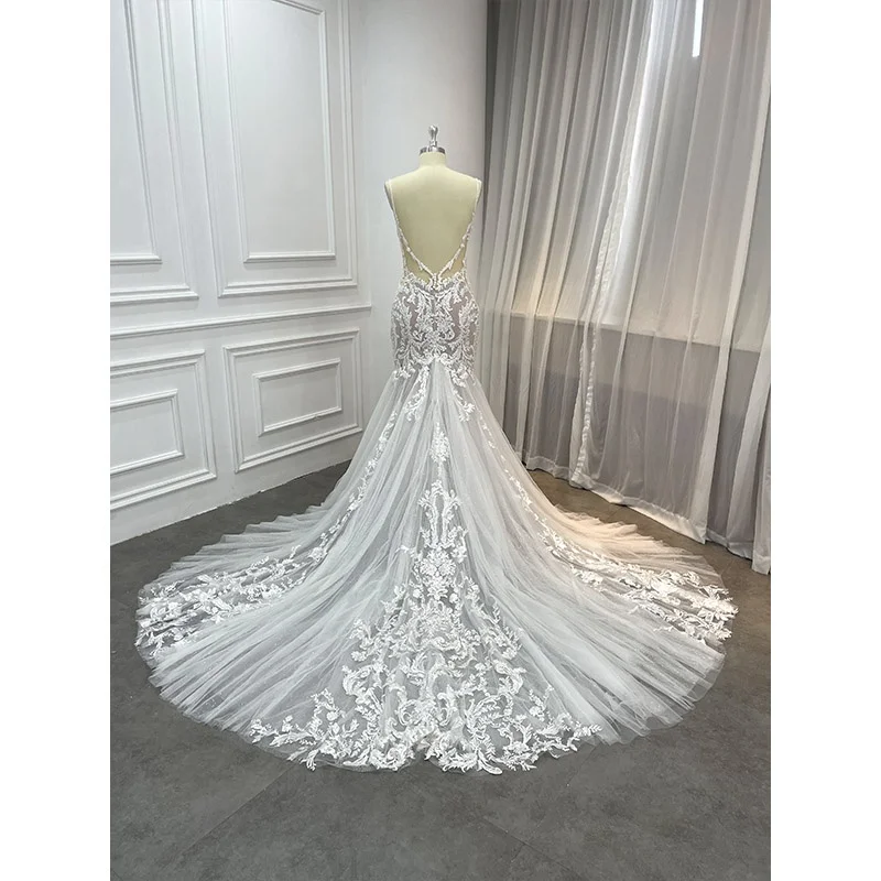 Manufacturers Mermaid Trumpet Sparkle Heavily Beaded Bridal Gown Lace Applique Crystal Plunging V Wedding Dress with Long Veil