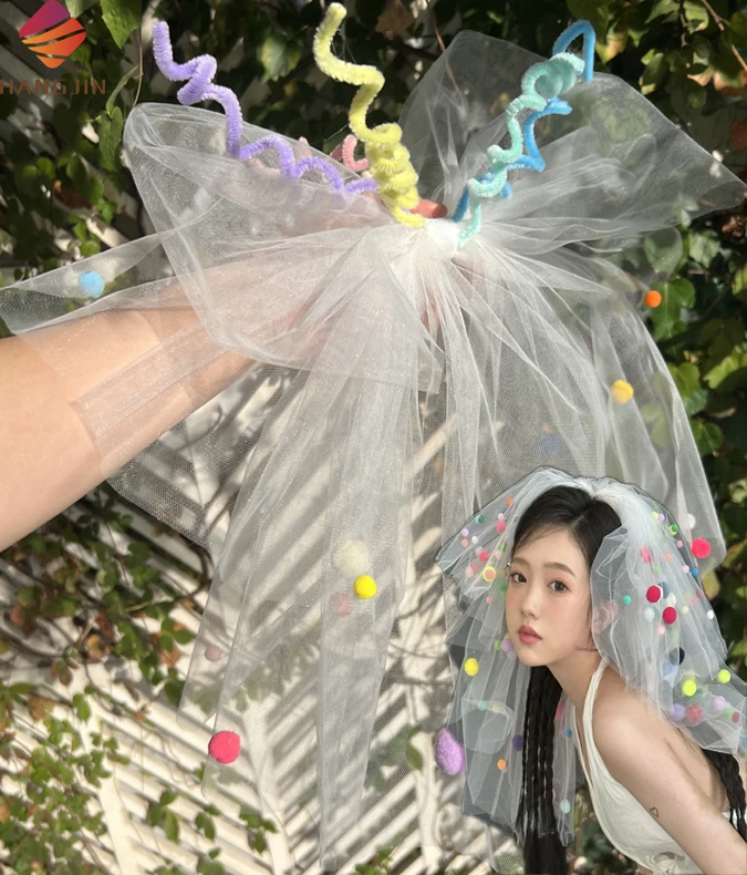 Белая пышная 3-ярусная Свадебная короткая вуаль 3-х слойная Тюль «своими руками» свадебная с разноцветными помпонами шары украшение для вечеринки плеч