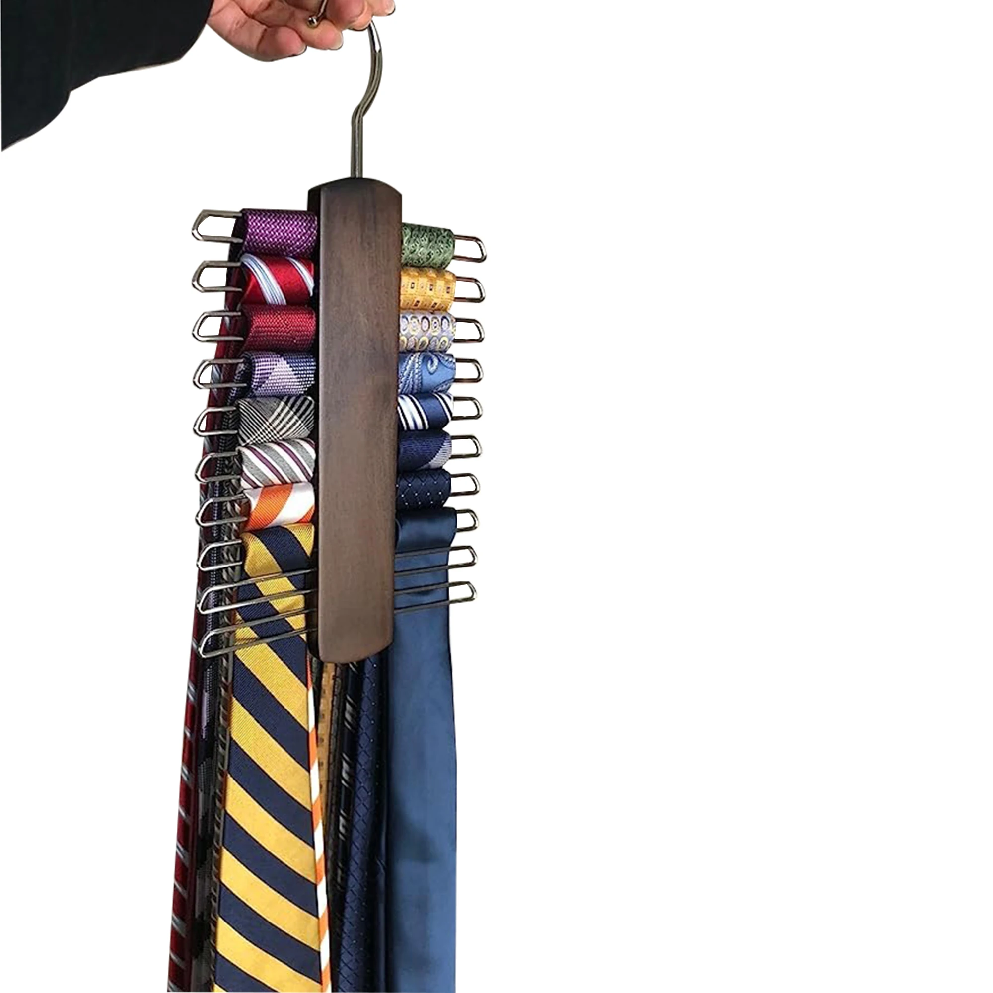 Premium Wooden Necktie and Belt Hanger Center Organizer and Storage Rack with a Non-Slip 20 Hooks