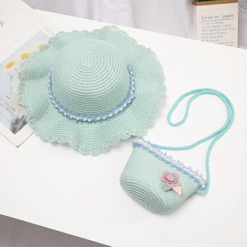Customized Summer Wide Brim Kids Sun Beach Straw Bucket Bag and Hat Set with Pearl Baby Girl Hats From China Factory