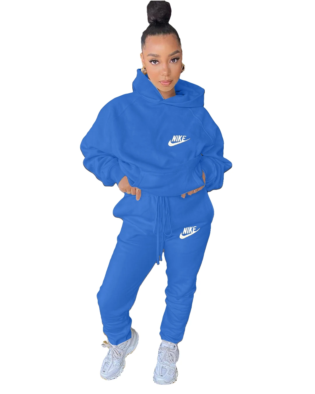 Trending Fall Women Casual Solid Color Nike 2 Piece Set Pullover Sport Jogging Embroidery Sweatsuit Hooded Tracksuit For women