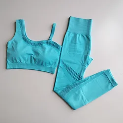 INS Hollow Out Mesh Leggings And Bra 2 Pieces High Waist Gym Fitness Leggings Set