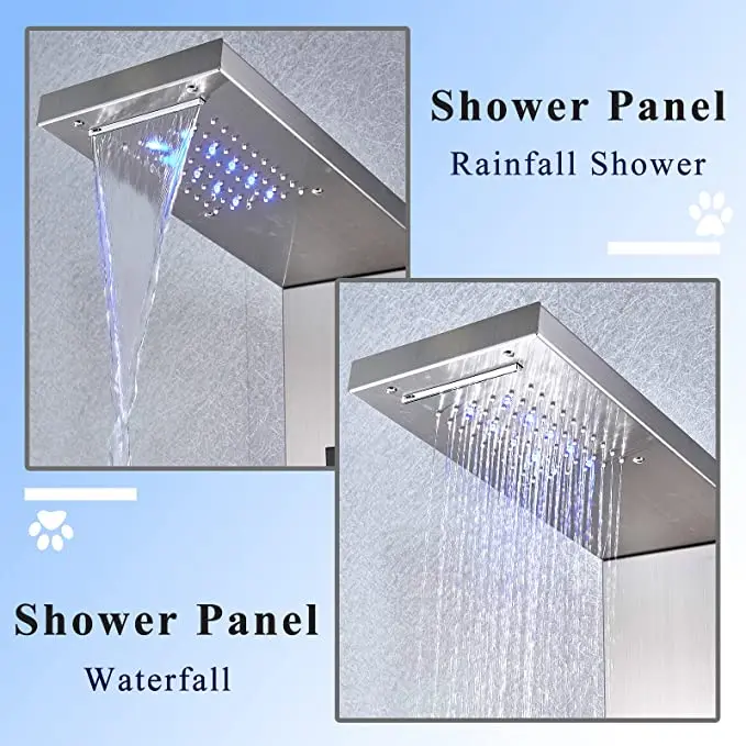 Bathroom LED Shower Panel Tower Shower Mixer Taps Hydraulic Body Massage Jets Wall Mounted 5 Functions Waterfall Rainfall Shower