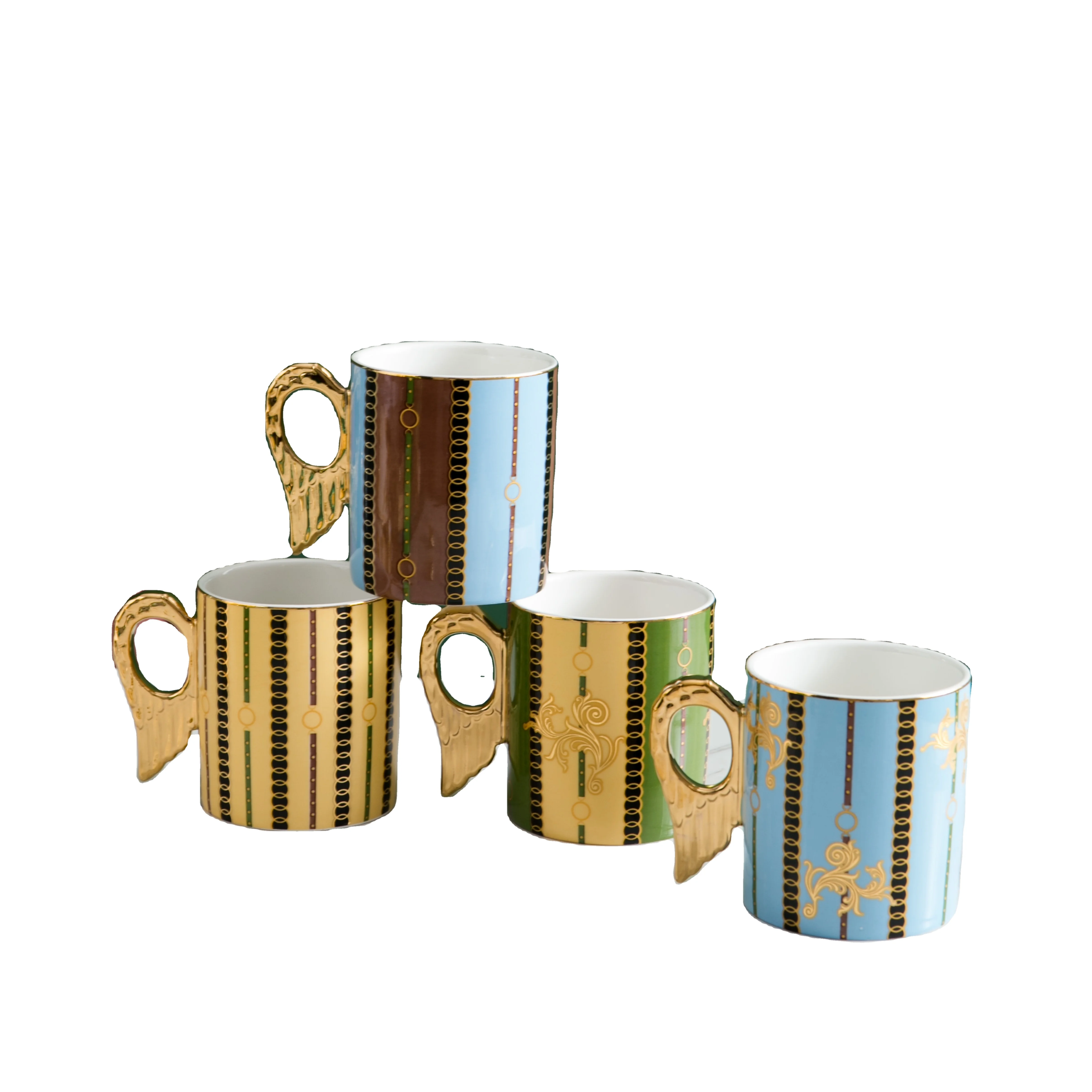 Angel Wing Handle Ceramic Mugs Wholesale Porcelain Mugs Coffee Cups Gold Rim