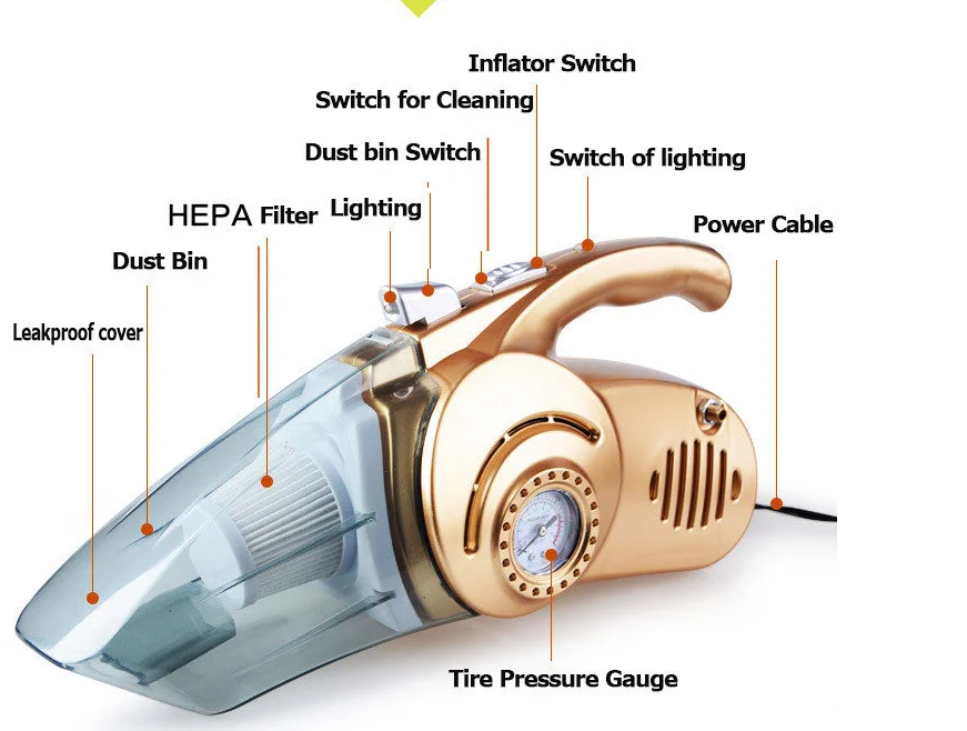 4 in 1 Tire Air Pump Car Powerful Handheld Vacuum Cleaner 12V Pressure Measurement with LED Illumination