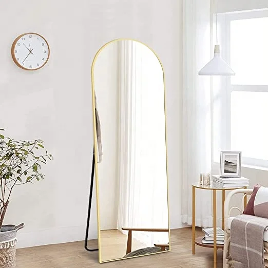 Manufacturer direct large full body dressing mirror wall mounted arched gold black aluminum frame floor mirror with stand