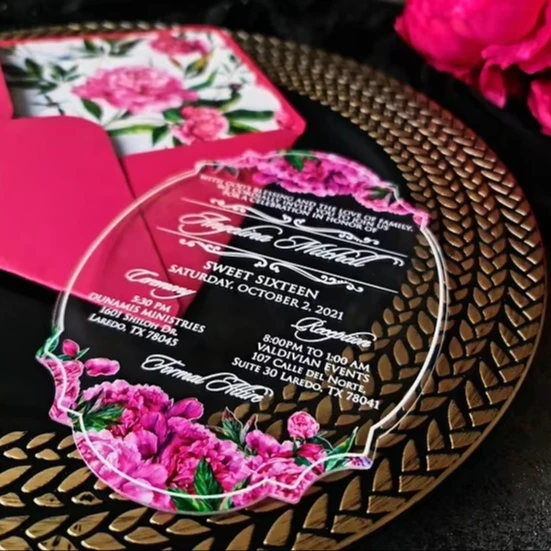 Magenta Color Flowers Printing Luxury Acrylic Wedding Invitation Card With Fuchsia Envelope