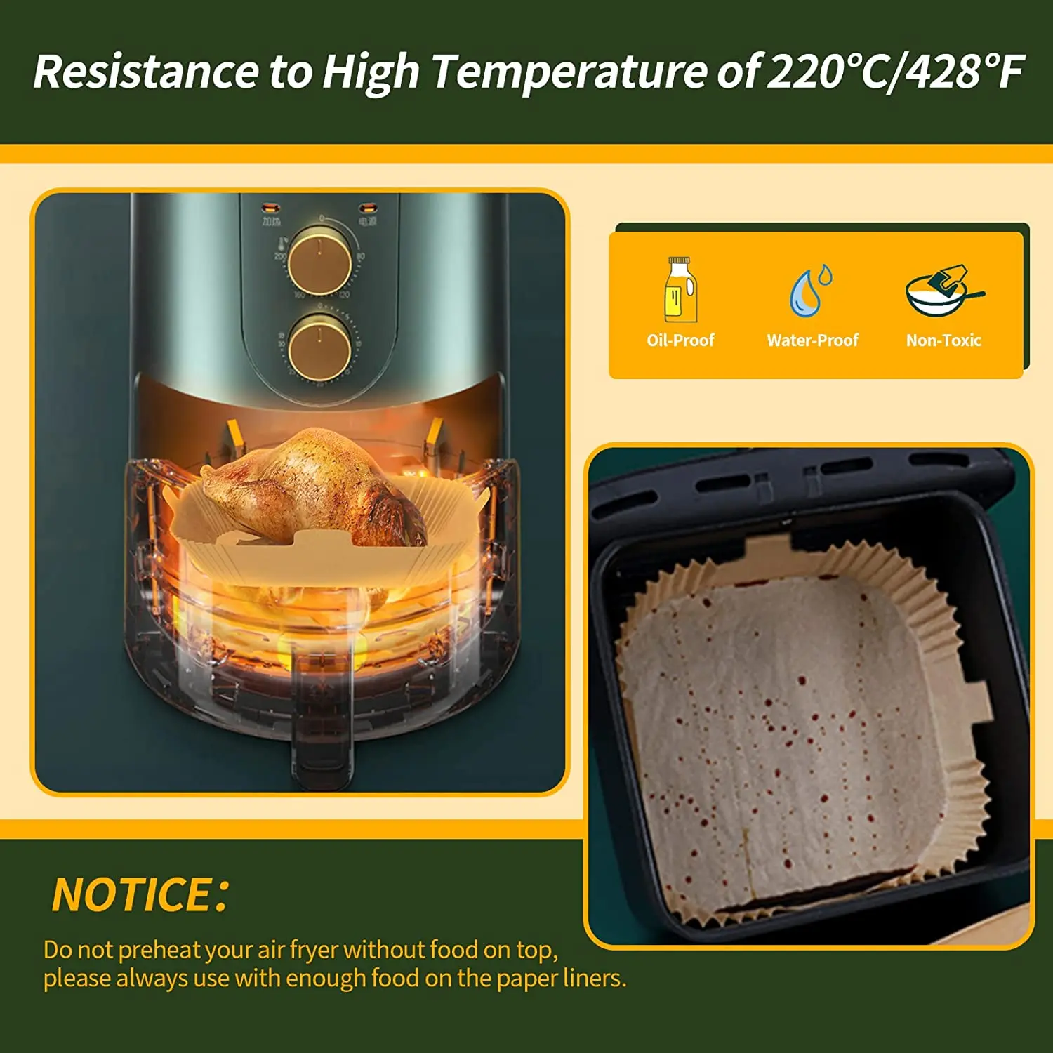 100Pcs Air Fryer Disposable Paper Liner 7.9 Inch Non-stick Square Air Fryer Parchment Paper for Microwave Oven Baking Roasting