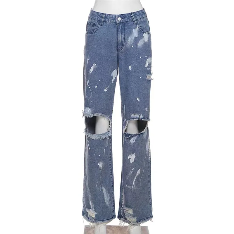 W women ripped denim pants 2022 Summer fashion hollow-out painted high-waisted straight-tube skinny Street Girl jeans