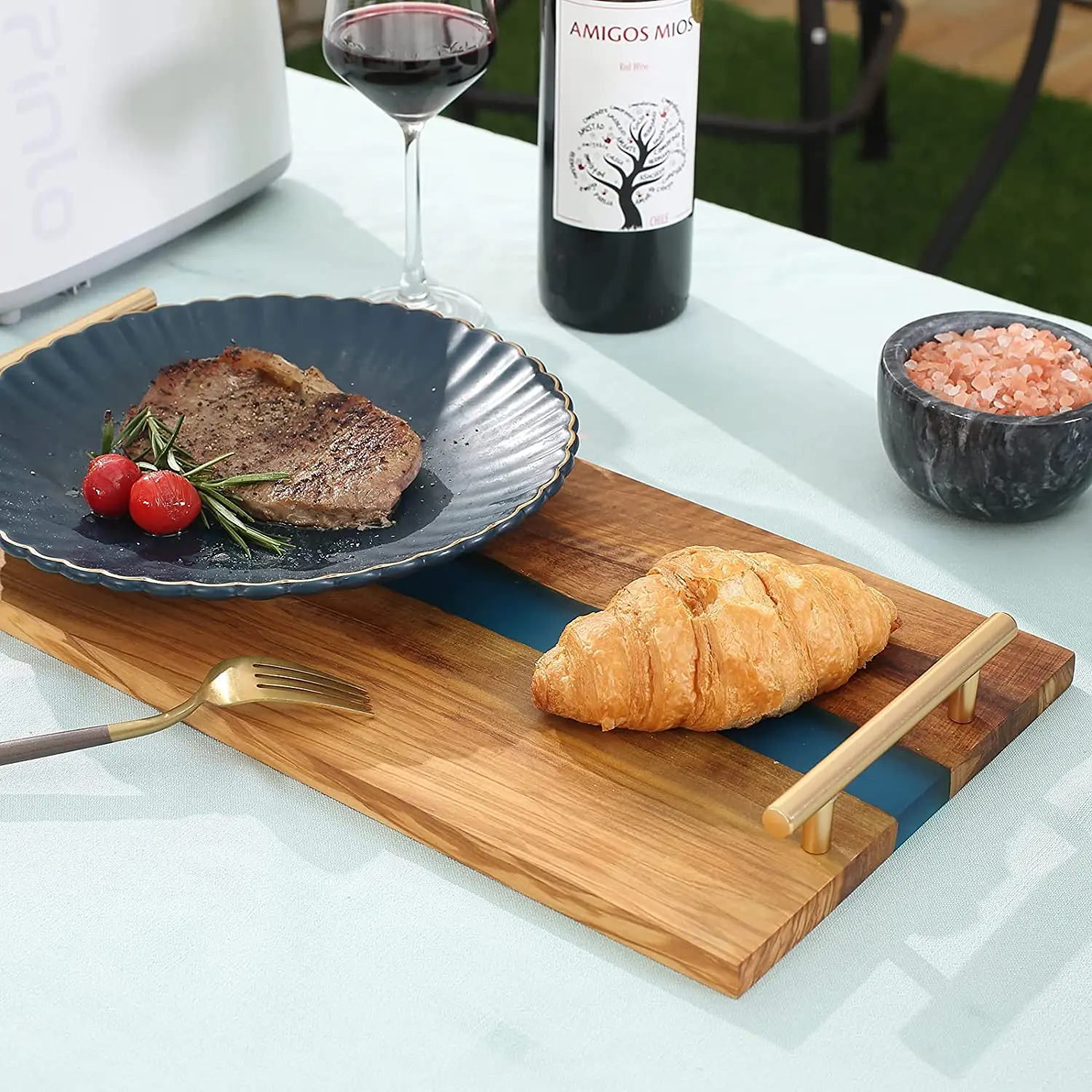 Olive Wood Carved Wood Tray Resin Trays With Gold Handles