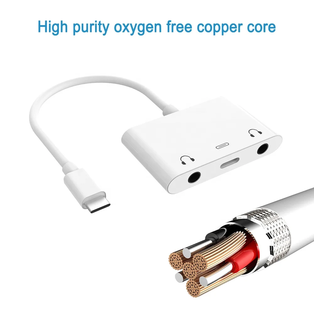Vnew multifunction 3 in 1 Type C to dual 3.5mm and type C Audio Adapter support PD3A Fast Charger and listening music