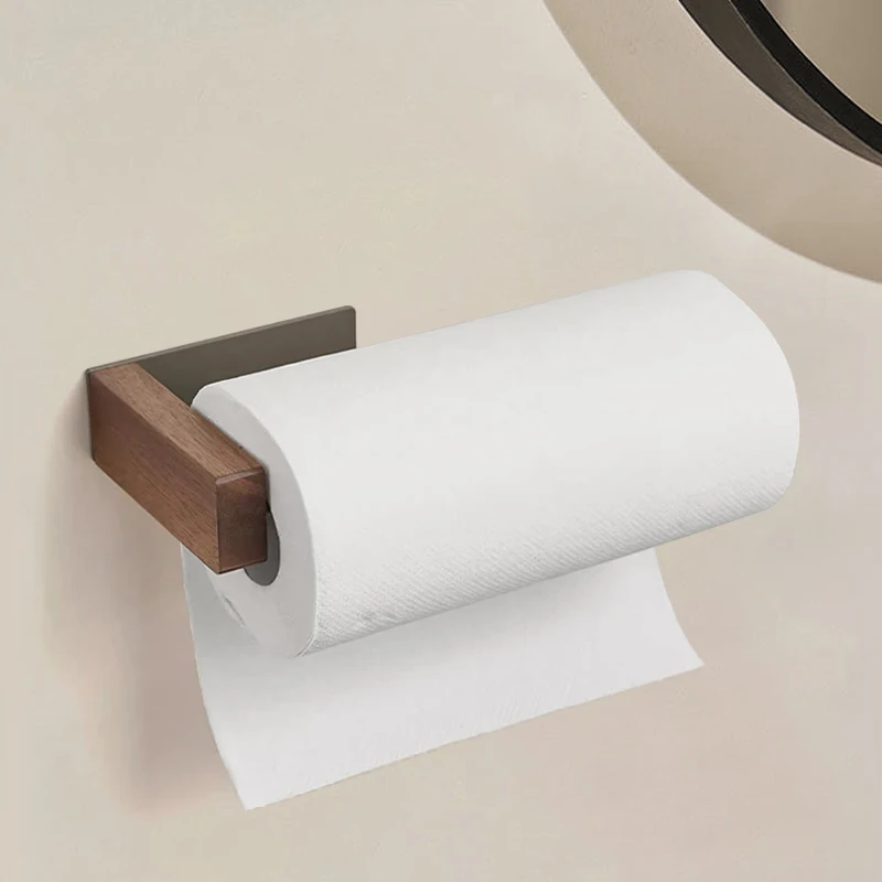 Joypro Adhesive Walnut Wood Rolls Dispenser Holders Wall Mounted Rack Wooden Toilet Roll Holder And Kitchen Paper Towel Holder