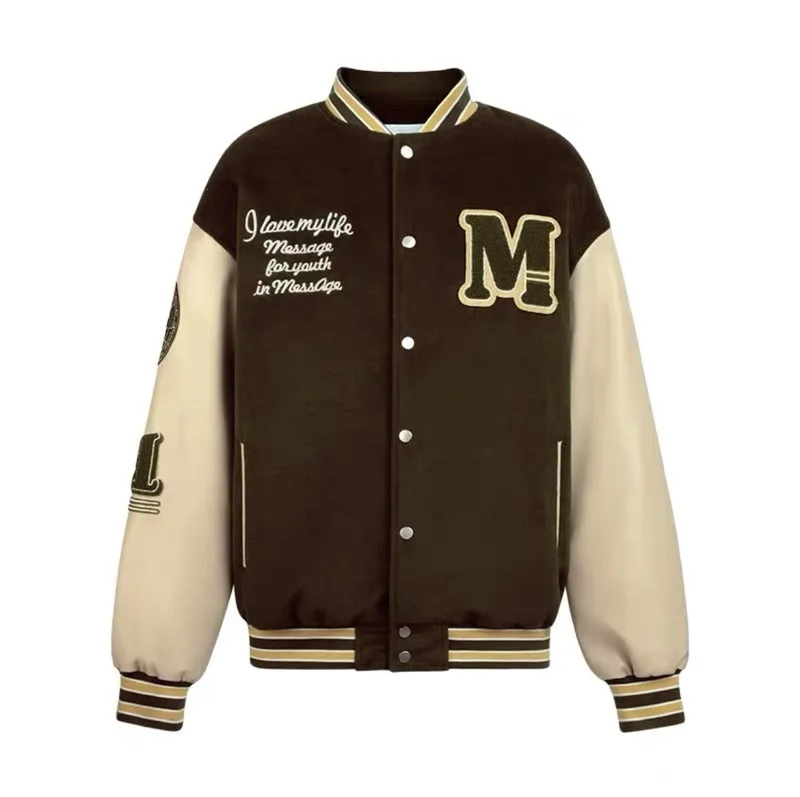 OEM custom winter hooded coat industries flocking bear embroidery crewneck loose varsity jacket for men