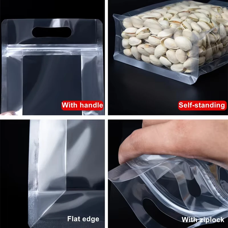 Transparent Plastic Food Packaging Ziplock Bag Handle Portable Sealed Storage Candy Grains Tea Nut Dried Fruit Logo