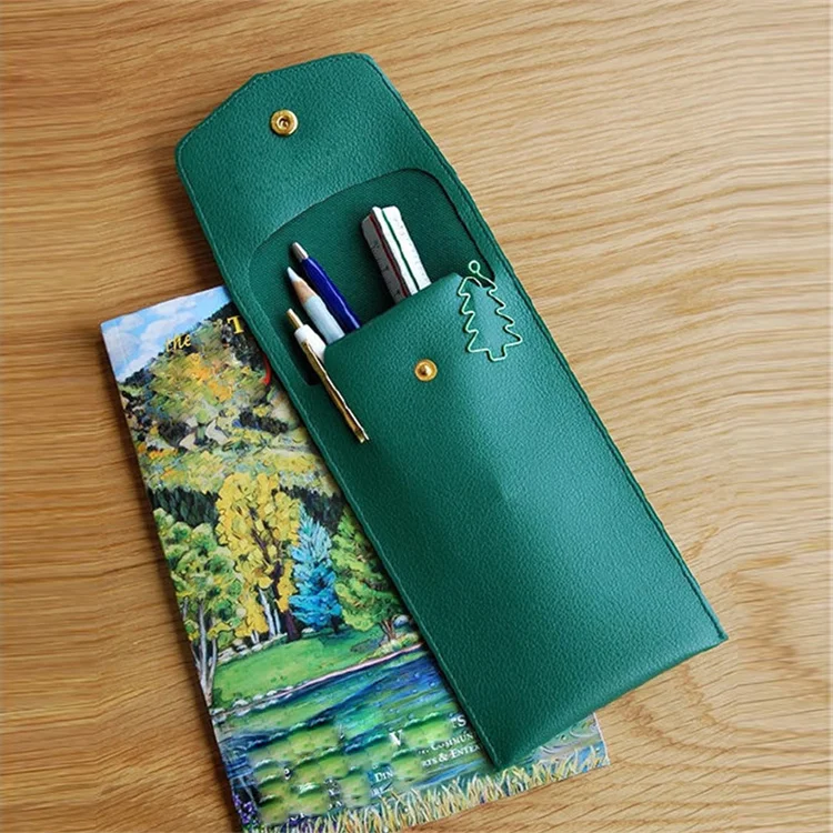 Custom Leather Pocket Pencil Case Large Capacity Pen Pouch Bag With Snap Button Stationery Organizer Office Supplies