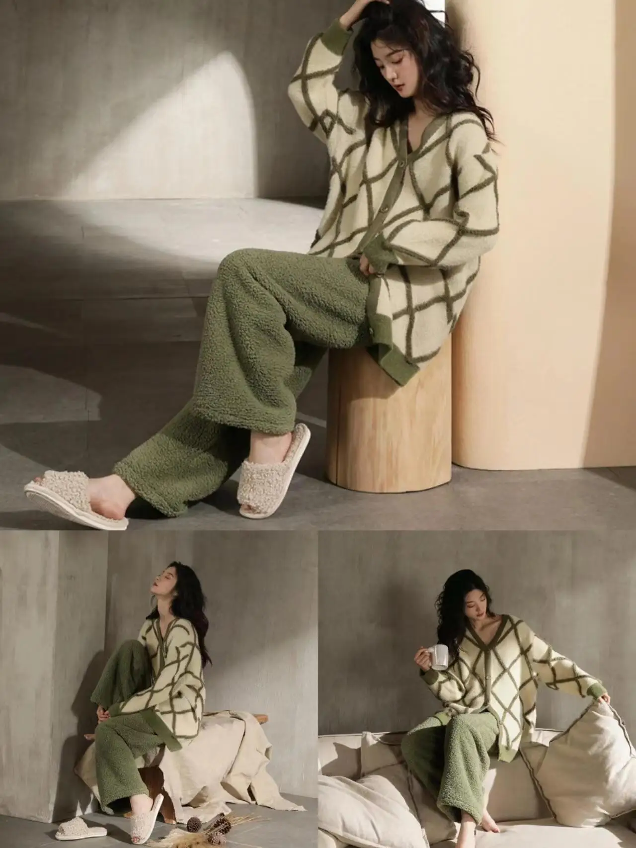 Coral velvet pajama set for women in winter with high aesthetic value plush and thick home clothing set two-piece set