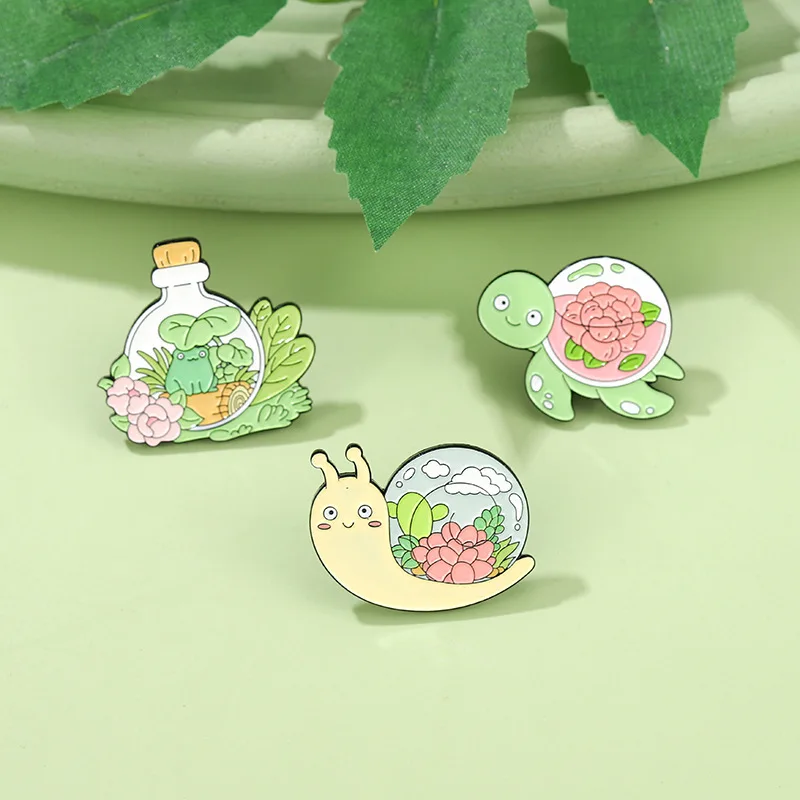 New cartoon cute little animal enamel pin plant flower snail green alloy brooch in stock clothing decoration pins