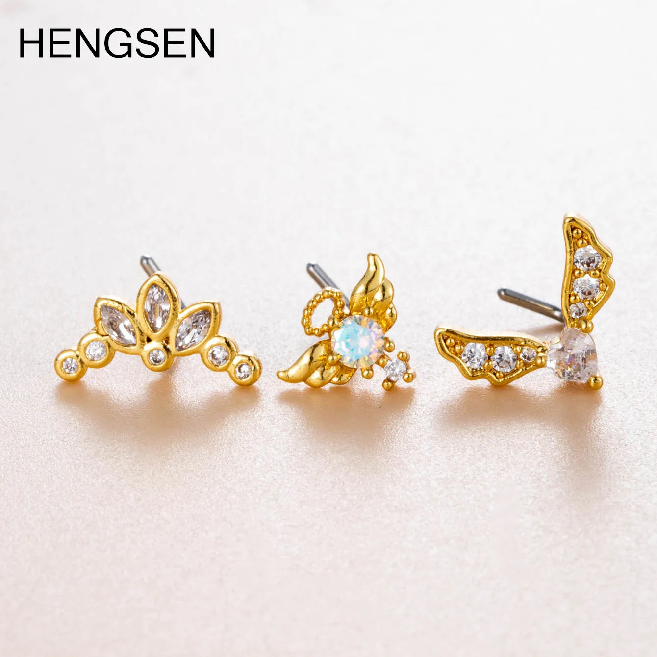 HENGSEN Шпилька для носа оптовая продажа нержавеющая сталь L-образное золото с обоими боками простая корона пирсинг ювелирные изделия женщин