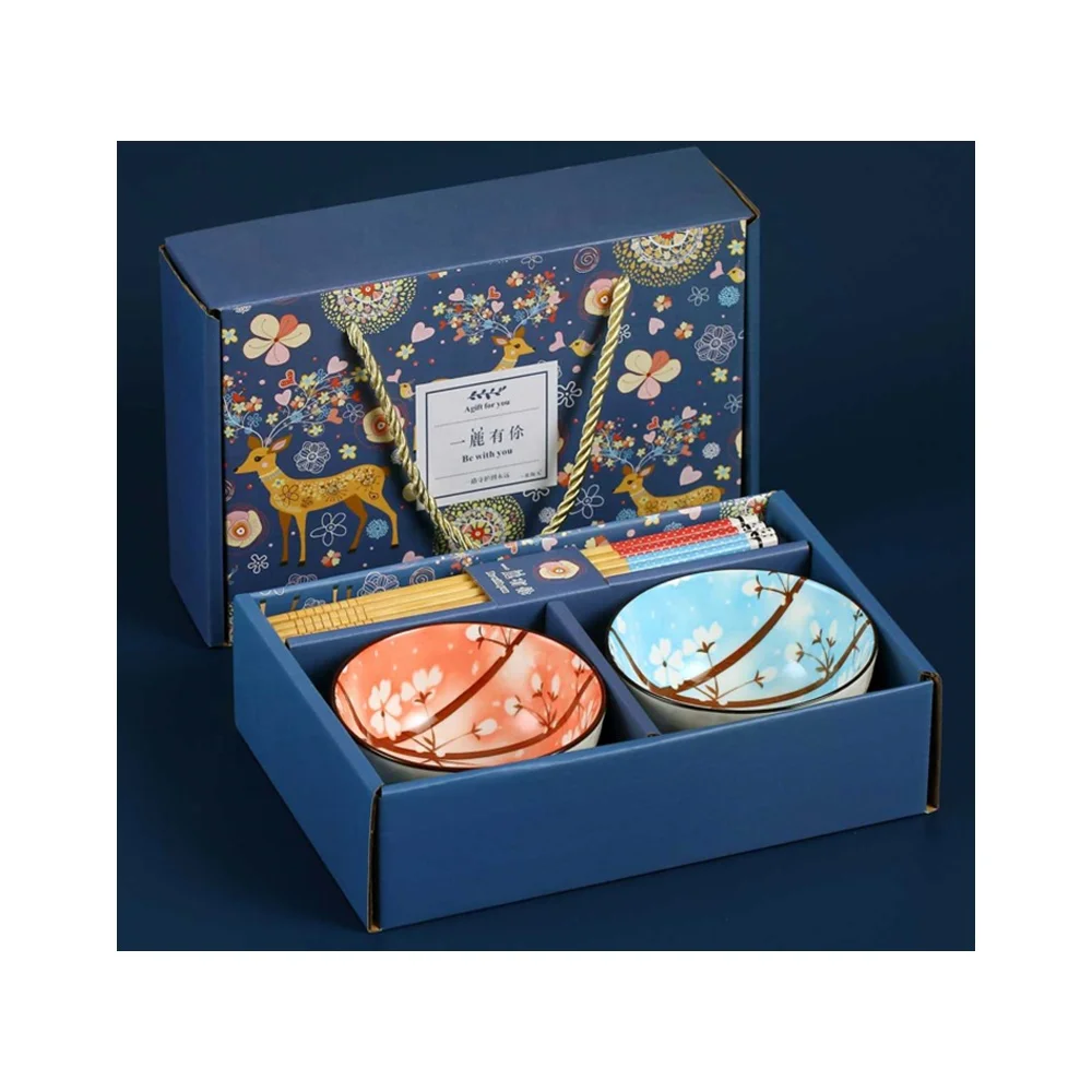 Cherry blos  Four-piece ceramic tableware with gift box two bowl and two pairs of chopsticks Japanese Unglazed blue and white
