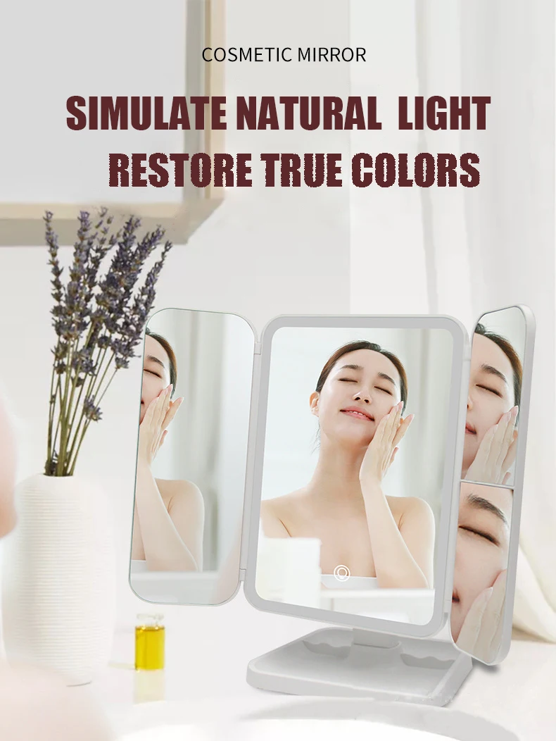 desk lamp three-sided folding touch sensor 180 degree rotating vanity magnifying wall mounted led foldable make up mirror