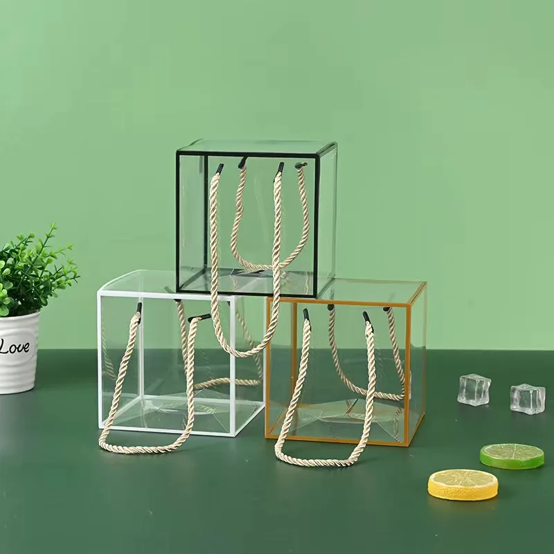 QUICK SHIPPING CLEAR  PVC PET GOLD STAMPING CANDY PACKAGING BOX WEDDING GIFT BOX WITH HANDLE