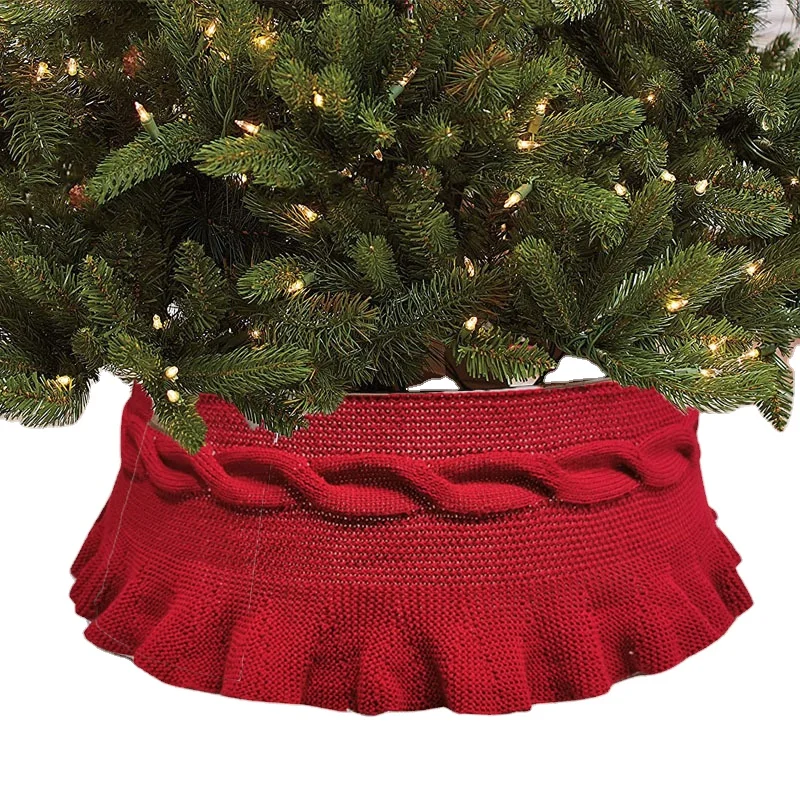 Red Snowflake Xmas Tree Skirt Christmas Party New Year Home Holiday Decoration Knitting Woven Tree Skirt Apron With Ornaments