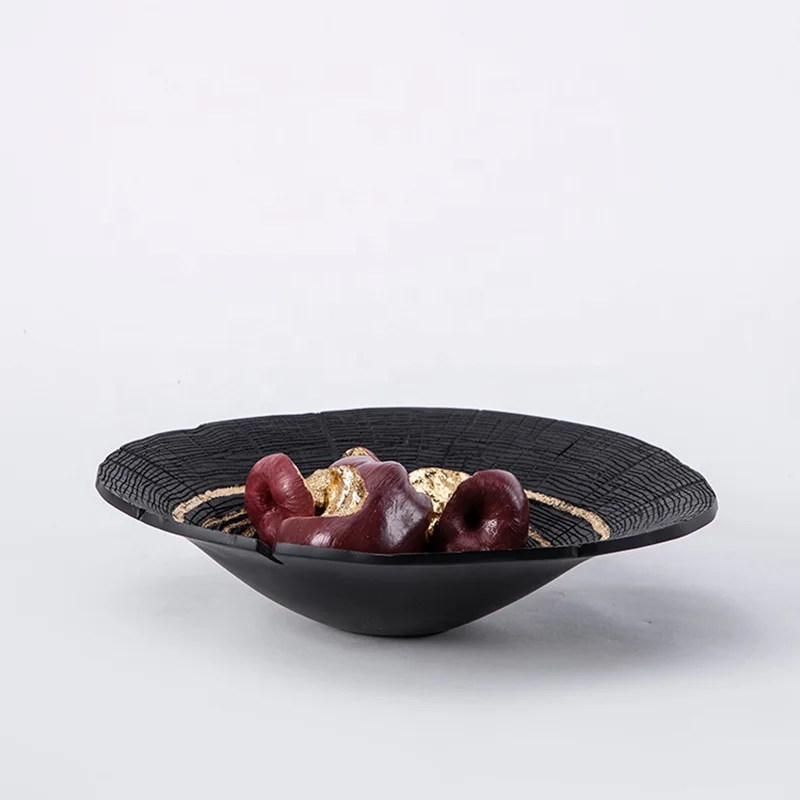 New Chinese Style Gold Stripes Black Resin Imitated Wood Grain Fruit Bowl Service Tray Interior Home Decor Ornament