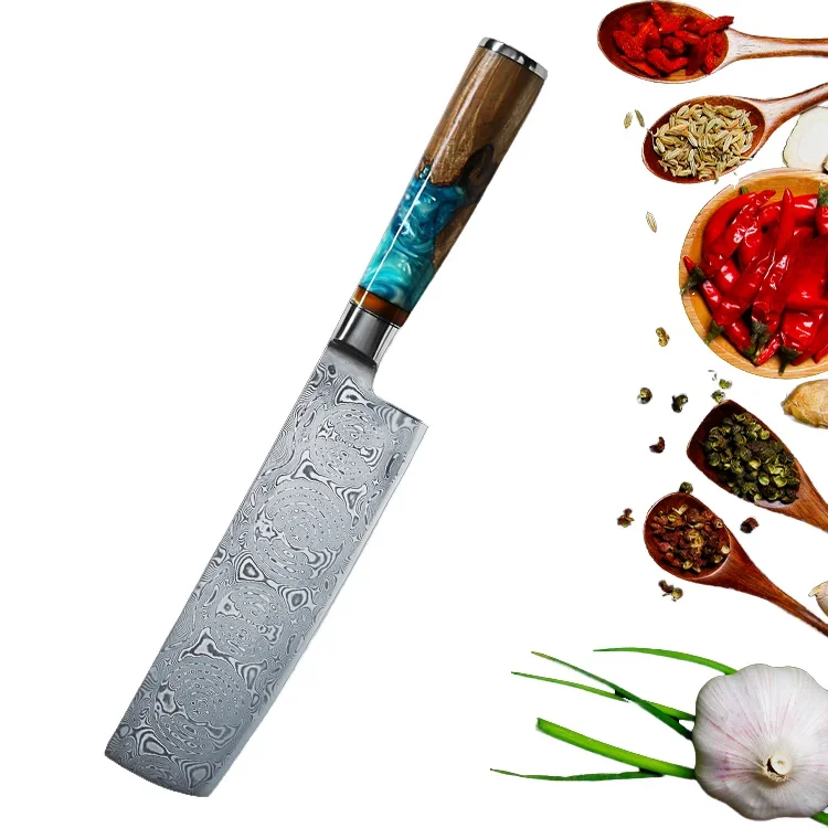 7-Inch Hot Sale Damascus  Stainless Steel Chef Knife Nakiri Cleaver with Resin Handle 67 Layers Wood Handle kitchen knife