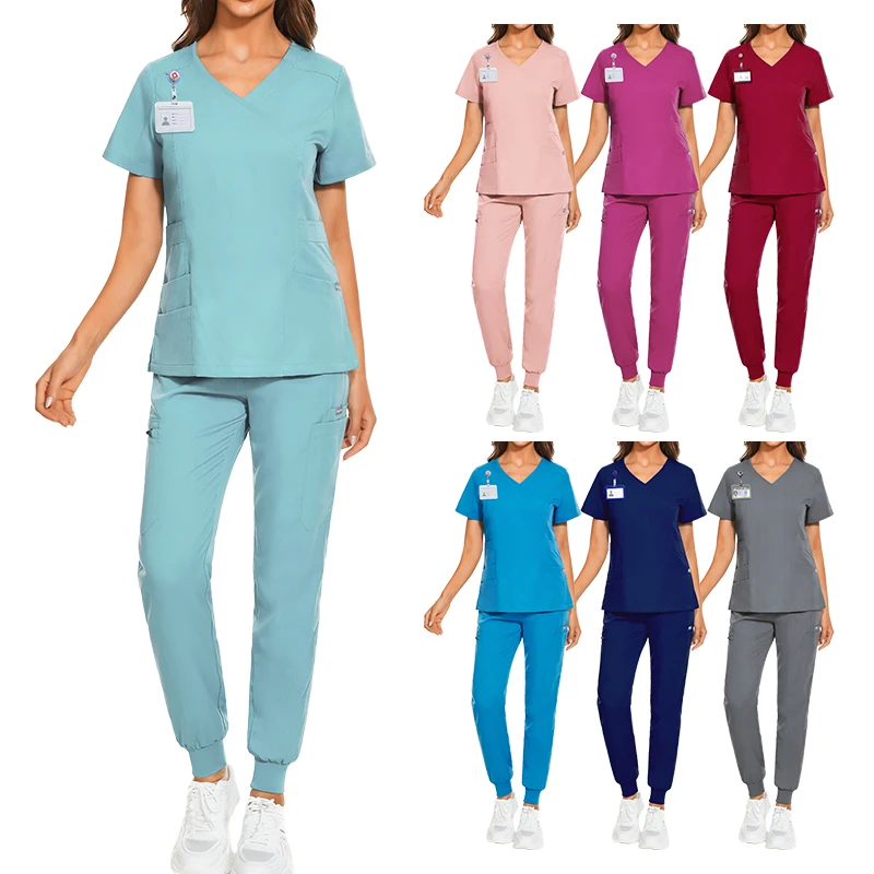 Fashionable Designs New Style Printed Logo Men Women Scrubs Uniforms Sets Joggers Spandex Medical Hospital Scrubs Uniforms