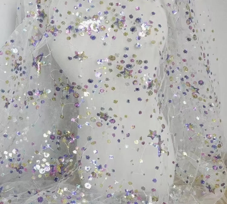 Width 150 cm stars Sequins beads Embroidered Tulle fabric hollow out mesh Lace embroidery Fabric for bridal dress