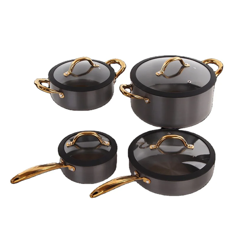 8pcs Hard Anodized Cookware Set Non Stick Coating Sauce Pan and Pot Ceramic cookware set with glass lid