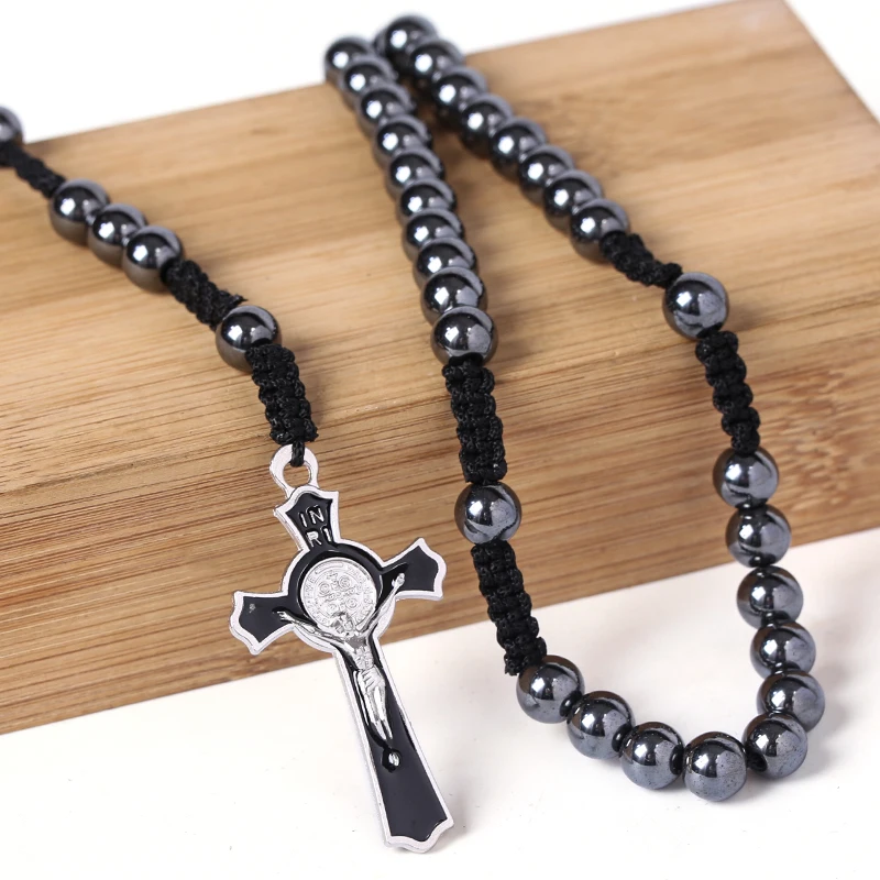 Wholesale Cross Catholic Rosary Hematite black rosary tasbeeh Muslim Islamic rosary beads jesus necklace Fashion jewelry